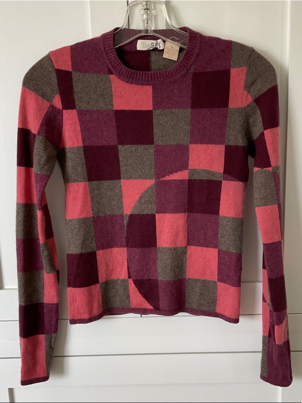 TSE Pink, Burgundy & Brown Check Crewneck Sweater